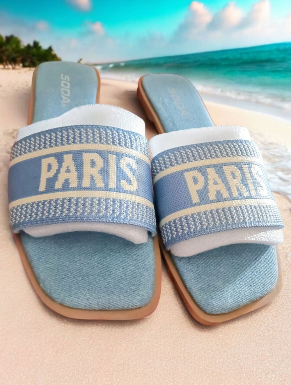 Paris Denim Blue Slide Sandals for Women